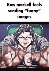 a cartoon of a man sitting in a chair with his fist in the air .