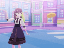 a girl in a purple dress stands in front of a purple building