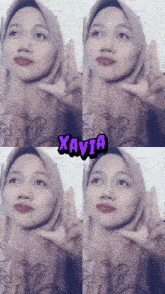 a woman wearing a hijab is giving a peace sign and has the name xavia on her face