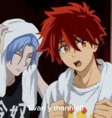 a couple of anime characters standing next to each other with a towel wrapped around their heads .