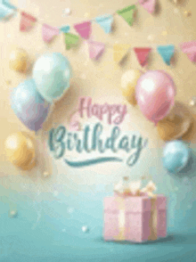 a birthday card with balloons and a gift box