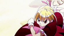 a girl with blonde hair and a red dress is hugging another girl in a pink dress