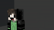 a minecraft character is wearing a green shirt with a letter f on it