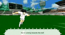 a cartoon soccer player is running towards the ball in a game