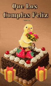 a birthday cake with a duck holding a bouquet of flowers