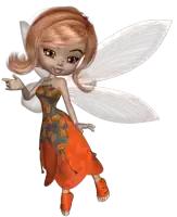 a cartoon fairy with red hair and white wings is pointing