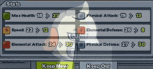 a screenshot of a game showing stats and a button to keep new