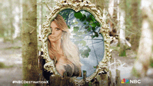 a picture of a woman in a mirror with the nbc destination x written on the bottom