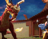 a dragon is standing in front of a building with a flame coming out of its tail