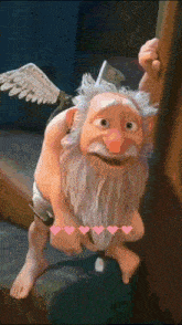 a cartoon character with a beard and wings holding a fan