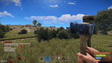a person holding a hammer in a video game with a message from red panda