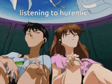 a couple of anime characters with the words listening to huremic written above them
