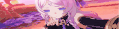 a purple haired anime girl with blue eyes is standing in a field .