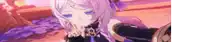a purple haired anime girl with blue eyes is standing in a field .
