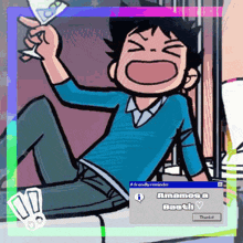 a cartoon of a boy holding a piece of paper with a friendly reminder from amamosa basti