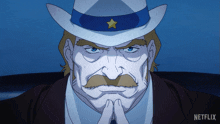a man with a mustache wearing a white hat with a blue band and a yellow star