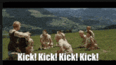 a woman singing to a group of children with the words kick kick kick kick written below her