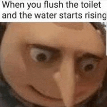 when you flush the toilet and the water starts rising , a close up of a person 's face .