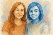a watercolor painting of two women one of which has blue hair