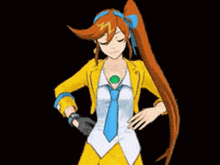 a girl in a yellow jacket and tie is giving the peace sign