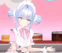 a girl with blue hair is wearing a pink and white maid outfit