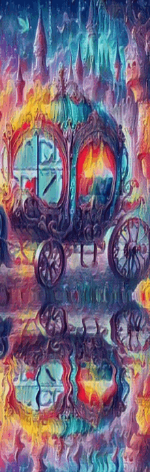 a painting of a carriage going to a castle with a castle in the background .