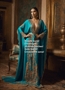 a woman in a blue and gold dress with the words noapte buna goodnight written above her