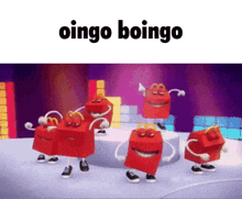 a group of happy meals are dancing on a stage with the words oingo boingo above them