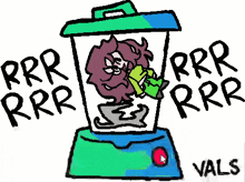 a cartoon of a girl sitting in a blender with the words rrr written on it .
