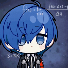 a drawing of a boy with blue hair standing in front of a chalkboard with equations on it
