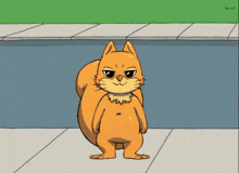 a cartoon squirrel is standing on the sidewalk