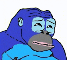 a cartoon drawing of a blue gorilla with a sad look on his face
