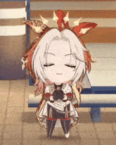 a cartoon character is standing on a tiled floor with her eyes closed .