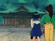 a cartoon of two girls standing in front of a temple