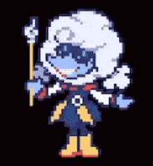 a pixel art drawing of a cartoon character holding a stick and pointing .