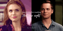 a woman and a man are next to each other with the words thank you for reading that one night