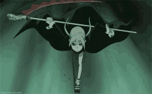 a girl in a black cape is holding a long stick in her hand .