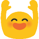 a yellow smiley face with its arms in the air and a white background .