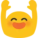 a yellow smiley face with its arms in the air and a white background .
