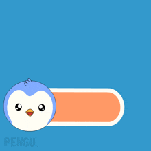 a penguin is standing next to a button that says comment
