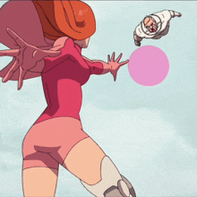 a cartoon of a woman blowing a pink balloon