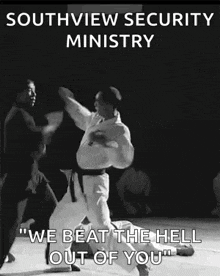 a black and white photo of a man wrestling another man with the words `` we beat the hell out of you '' .