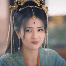 a close up of a woman wearing a crown and earrings