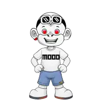 a cartoon character is wearing a white shirt with the word mood on it