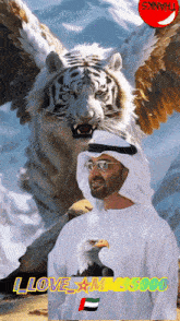 a man in a white shirt with an eagle on it stands in front of a white tiger