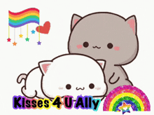 a couple of cartoon cats laying next to each other with the words kisses 4 u ally written below them
