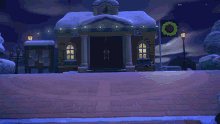 a cartoon character stands in front of a snow covered building