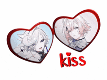 two hearts with a picture of a girl and the word kiss