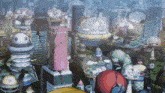 a cartoon drawing of a futuristic city with buildings and trees