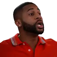 a man in a red shirt says " no " with his mouth wide open